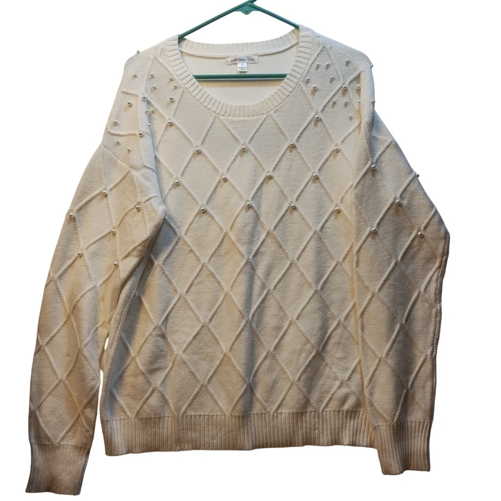 John Paul Richard Women's‎ Cream Pearl Embellished Diamond Knit Sweater Size L